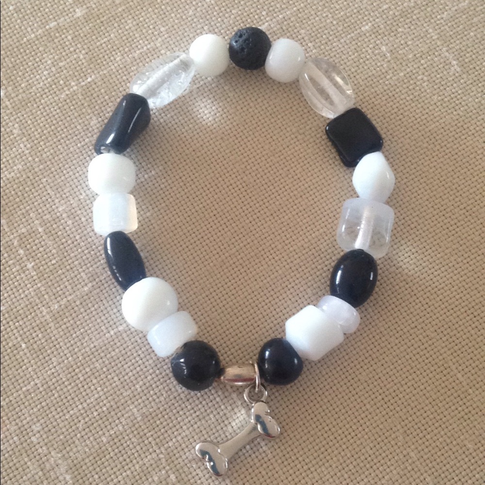 HAND CRAFTED Dog Bone Bracelet Lava Stone Black and White